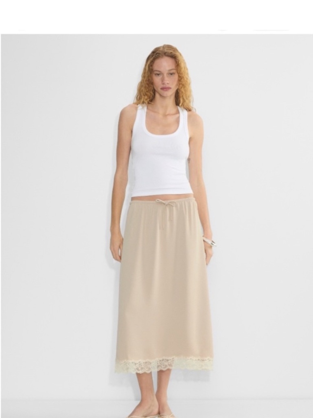Aritzia Beige Lace-Hem Midi Skirt